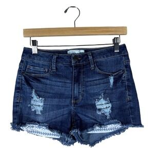 Mudd High Rise Shortie Distressed Denim Shorts Dark Wash Boho Festival Size 7